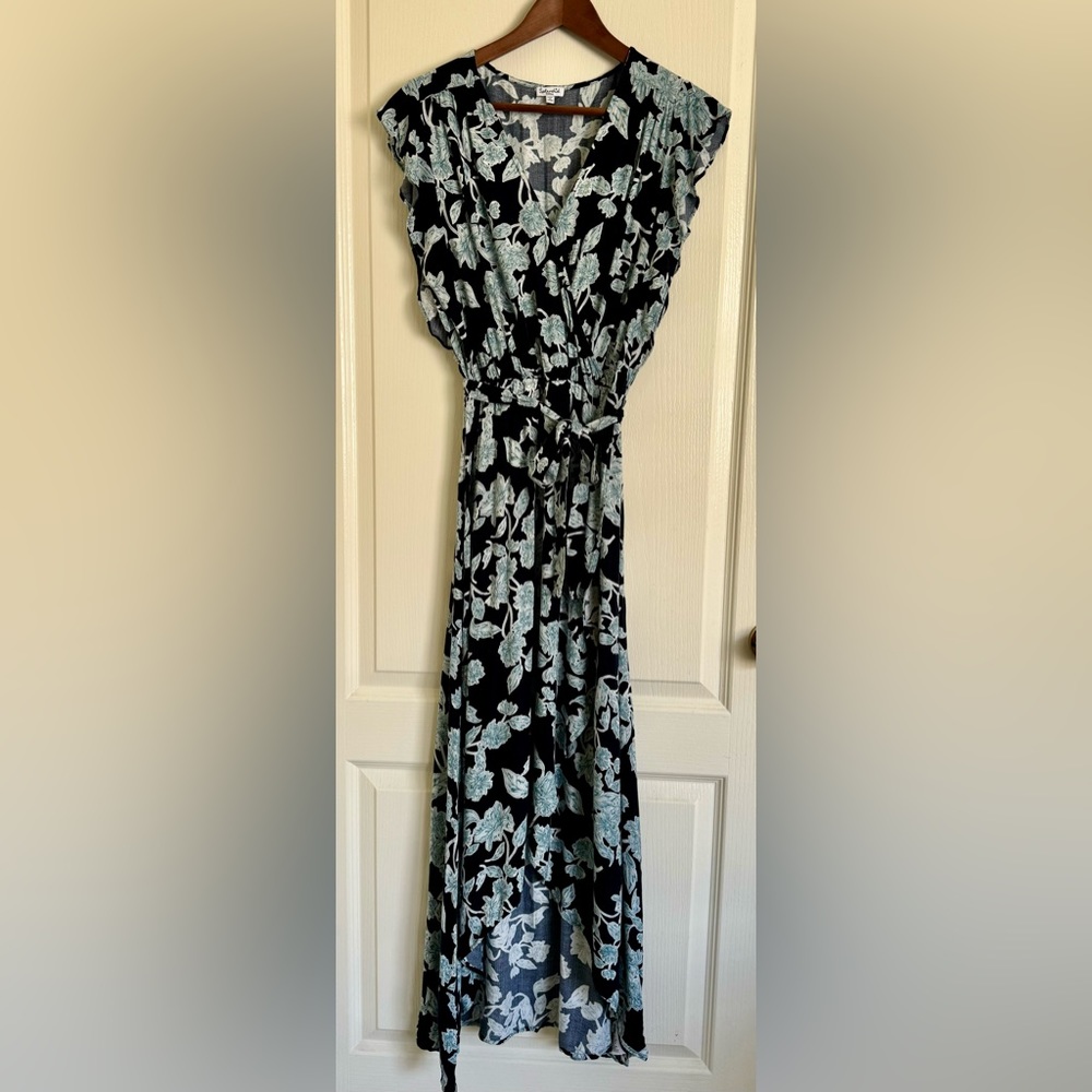 Splendid Navy Green Floral Dress in Rayon Crepon S